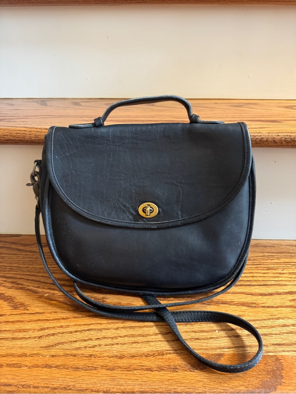 Vintage Coach Black Leather Crossbody Bag with Top Handle